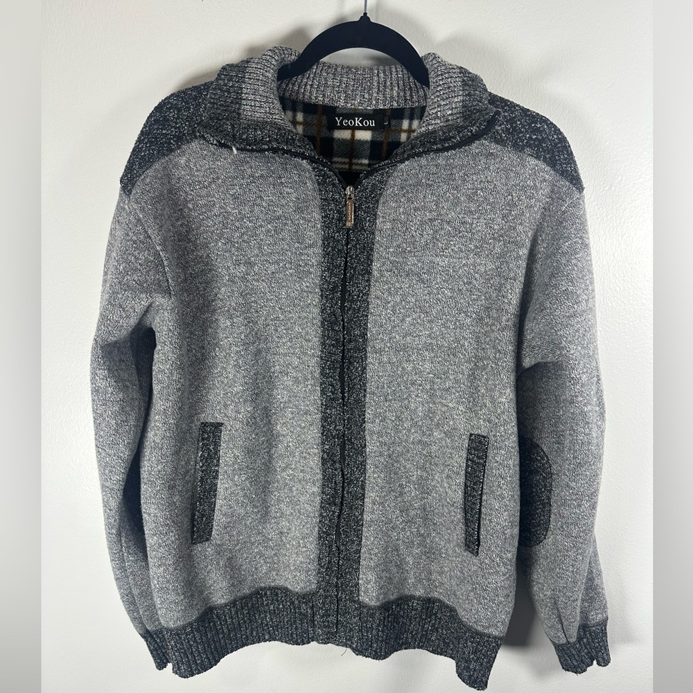 Yeokou Men’s full zip-up Cardigan Sweater Fleece Lining Cashmere Wool sz Large